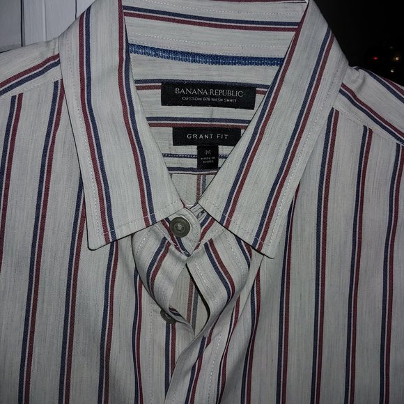 Banana Republic Mens Size Medium Pinstriped Cream Soft Cotton Grant Fit Shirt - Picture 6 of 6